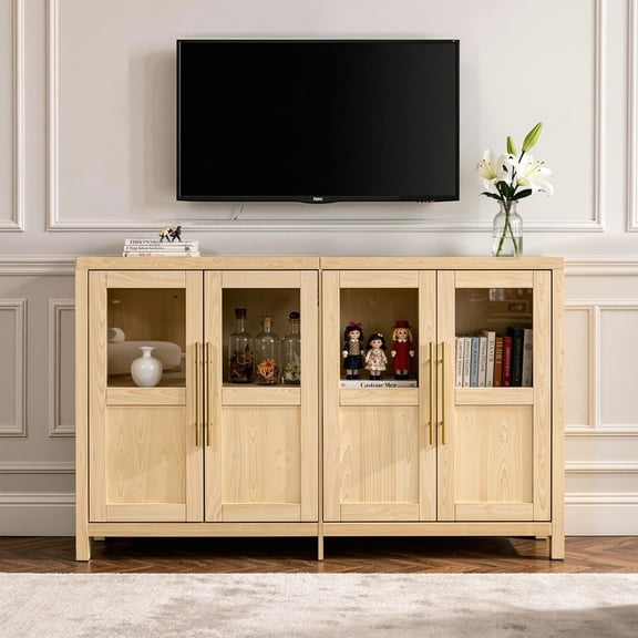 55" Sideboard Cabinet with Glass Doors, Large Buffet Cabinet with Storage and Shelves, Modern Accent Console Table for Dining Room Living Room Entryway (Natural)