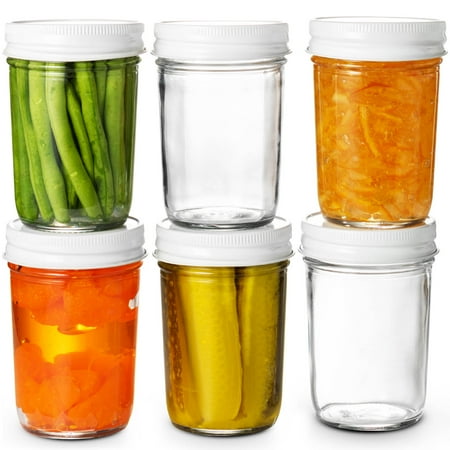 Clear Glass Mason Jars Full Mouth - 8 Ounce - (6 Pack) Glass Jars with Metal Lids Perfect Meal Prep, Food Storage, Canning, Drinking Jars, for Jelly, Jam, Dry Food, Spices, Herbs, Salads,