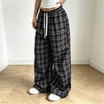 thumbnail image 5 of Edvintorg Wide Leg Pants for Women Elastic Waisted Plaid Trouser Drawstring Loose Casual Pant with Pocket Women's Clothes Black S-2XL, 5 of 7