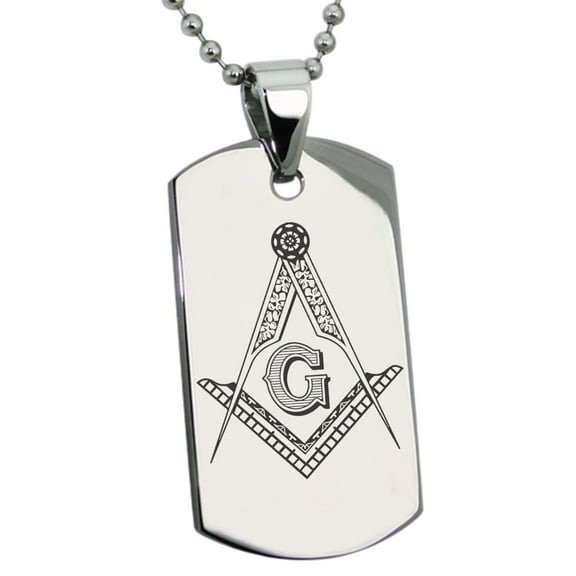 Tioneer Stainless Steel Freemasons Masonic Floral Compass Engraved Dog Tag Pendant Necklace