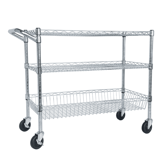 3 Tier Rolling Utility Cart, Heavy Duty Storage Carts with 4 Wheels and Handle, Weight Capacity 600 LBS, Metal Commercial Cart with Adjustanle Shelves for Kitchen Restaurant Plant Display, Sliver