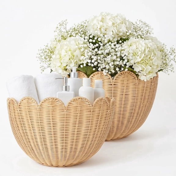 2-Pack Handwoven Rattan Wall Baskets, Scalloped Wicker Storage & Decor for Living Room, Bathroom, Kitchen, Large 16x12x7 & Small 14x8x6 Inch