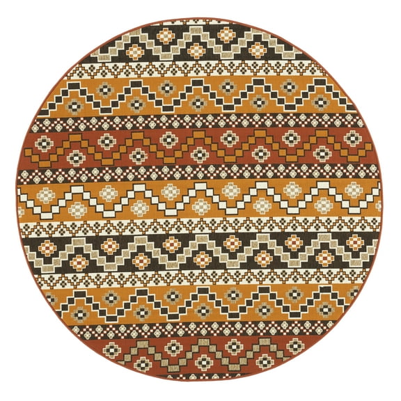 SAFAVIEH Veranda Luwig Geometric Indoor/Outdoor Area Rug, Red/Chocolate, 6'7" x 6'7" Round
