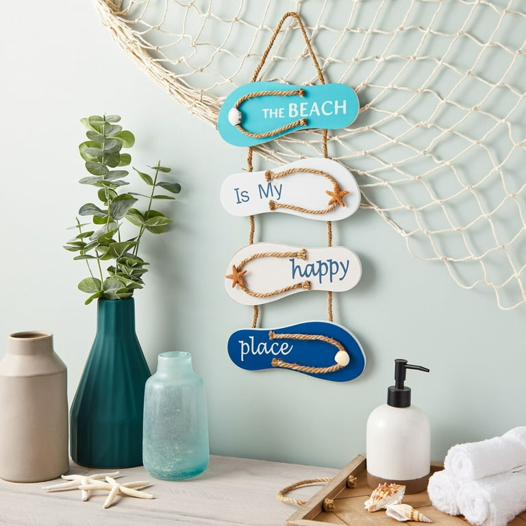Wooden Flip Flop Wall Ornament Home Decor, Ocean Beach Slippers Door Hanging Decoration, 8.75”x3.75”, Blue and White