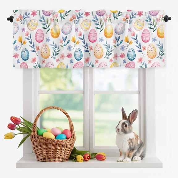 Spring Easter Valances for Windows, Watercolor Colorful Easter Egg Flower Valance Window Treatment Rod Pocket Short Curtains Valances for Kitchen Bathroom 54"W x18"L
