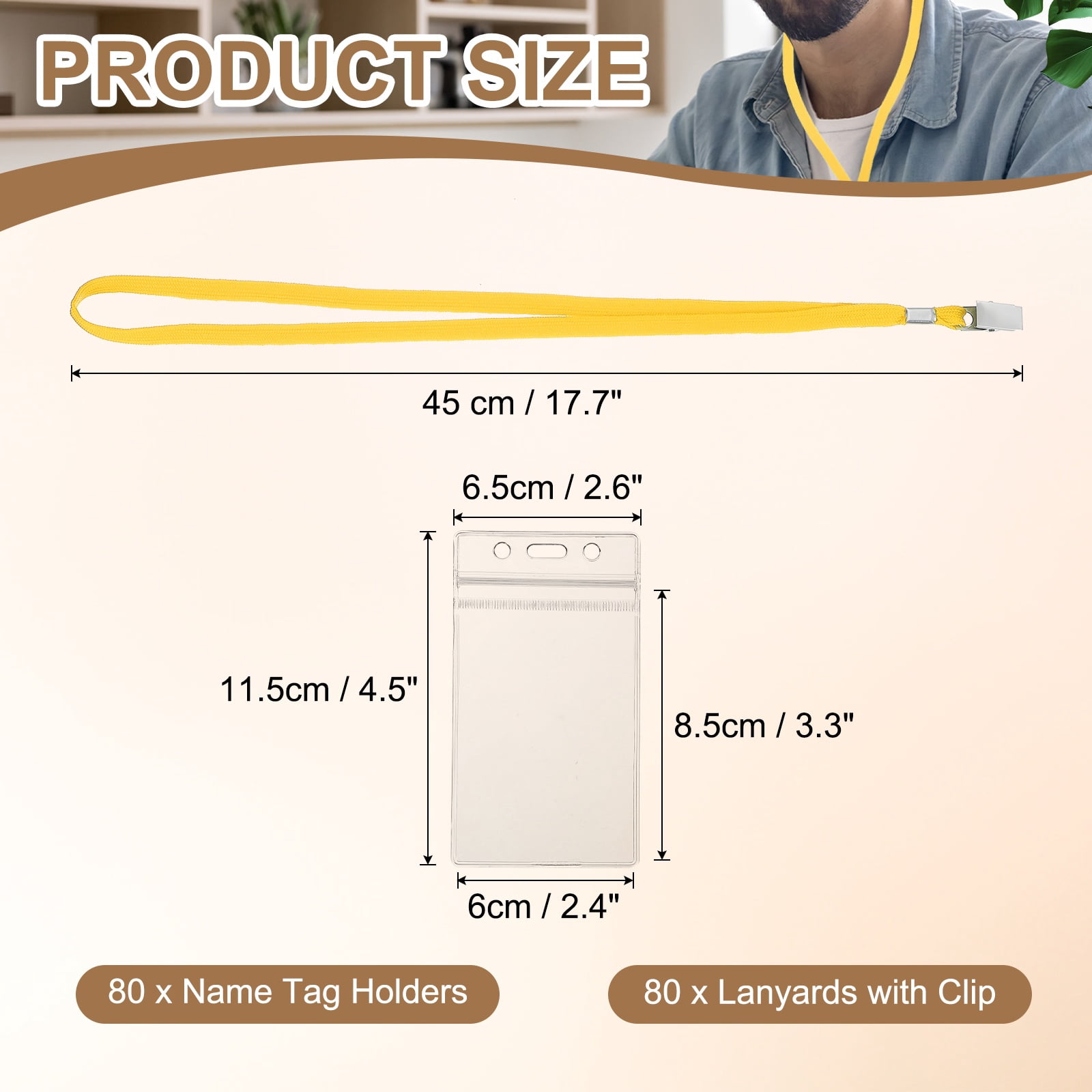 Uxcell 80 Set Name Tag Holders with Lanyard, Plastic Waterproof Badge Holder with Alligator Clip Lanyards for ID Badges Office Teacher Events Meetings, Yellow(3x2 Inch)