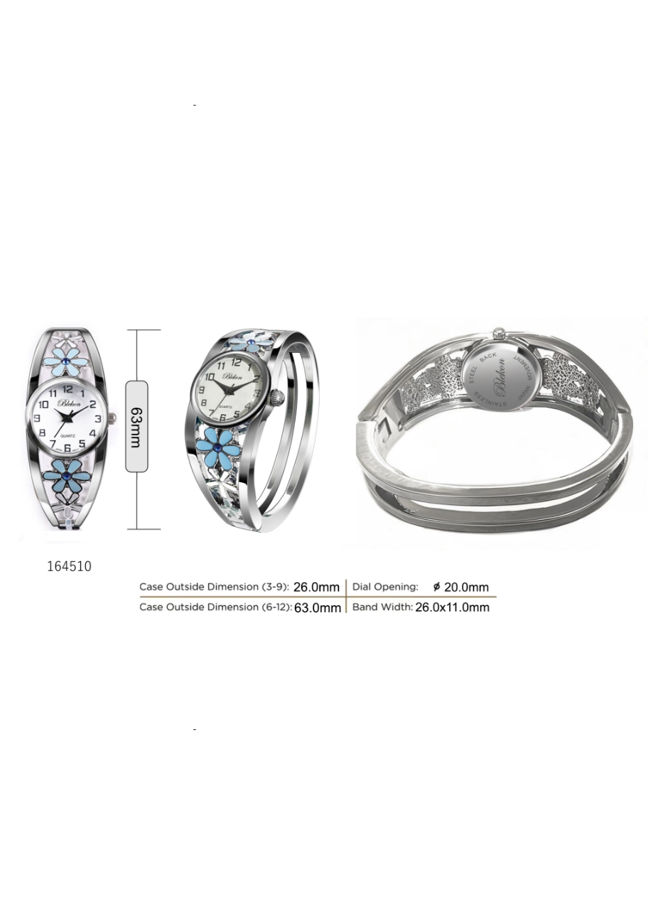 Blekon Women’s Cuff Bangle Watch – Elegant Silver Bracelet Watch with Flower Design, Fashion Jewelry Timepiece for Women