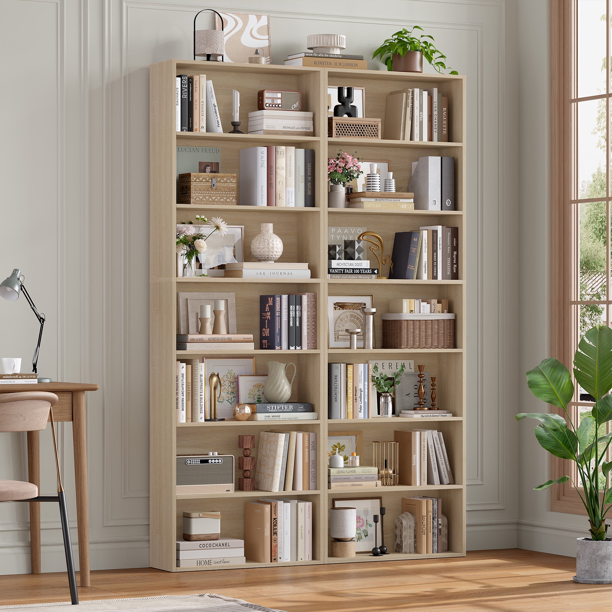 Homfa 82" Tall Bookcases Set of 2, Freestanding Display Storage Shelves, 7-Tier Open Bookshelf for Home Office Living Room Bedroom, Light Oak