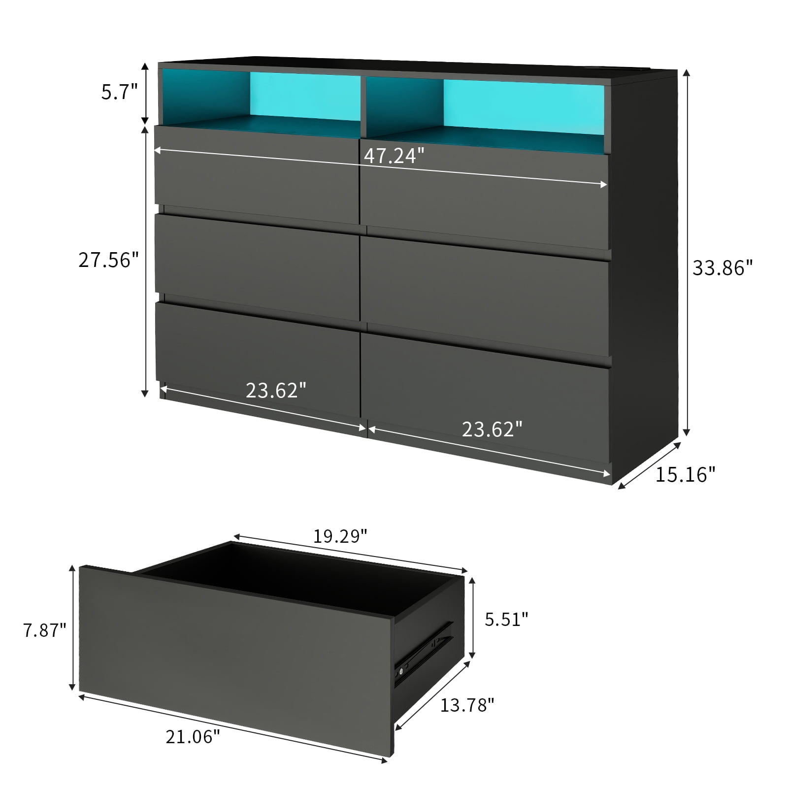 Black Dresser for Bedroom 6 Drawer with LED Lights & Power Outlet Modern TV Stand Double Dresser Wide Chest of Drawers Storage Cabinet for Bedroom,Game Room