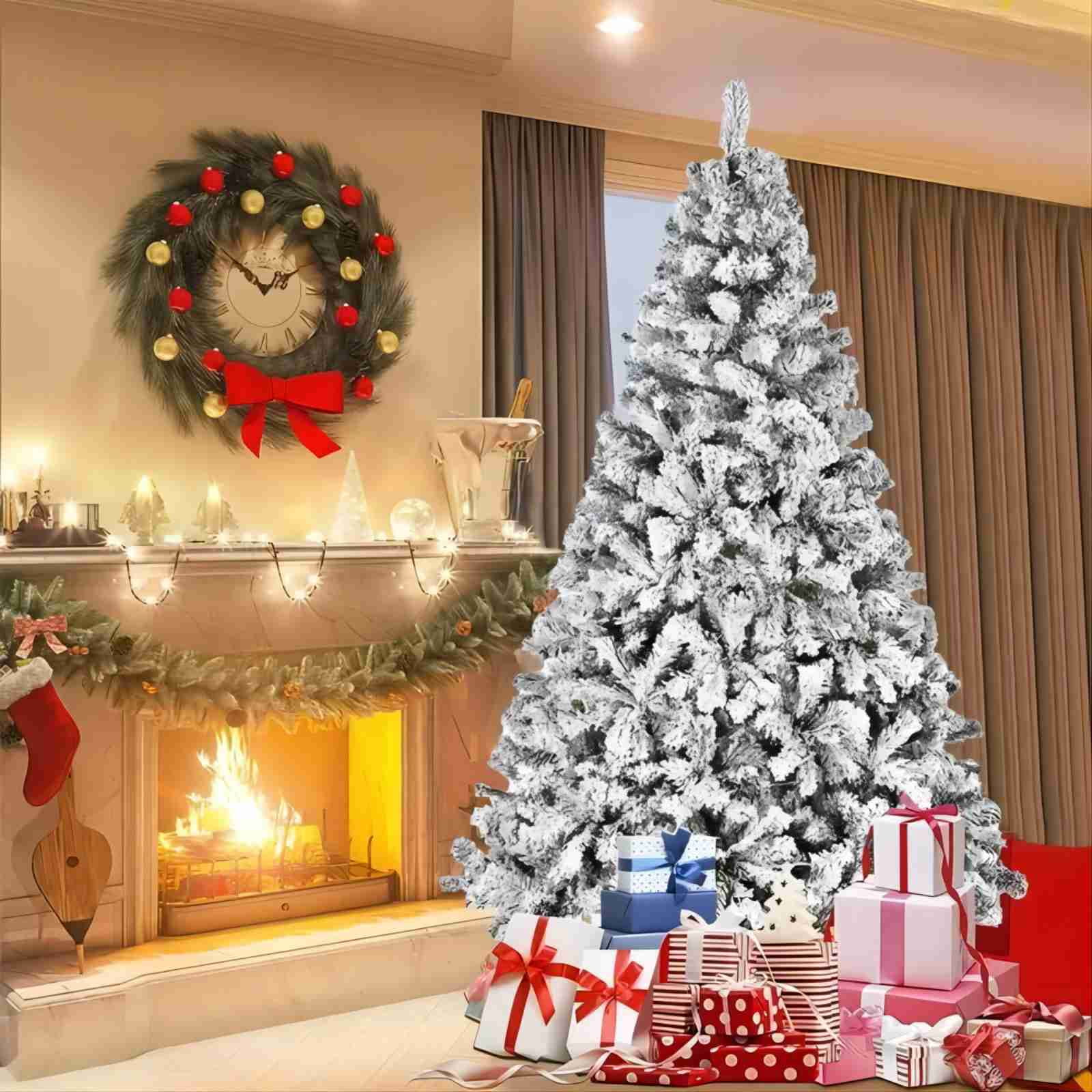 Fenbeli 6ft Artificial Snow Decorated Flocked Hinged Christmas Tree with Metal Stand, Indoor White