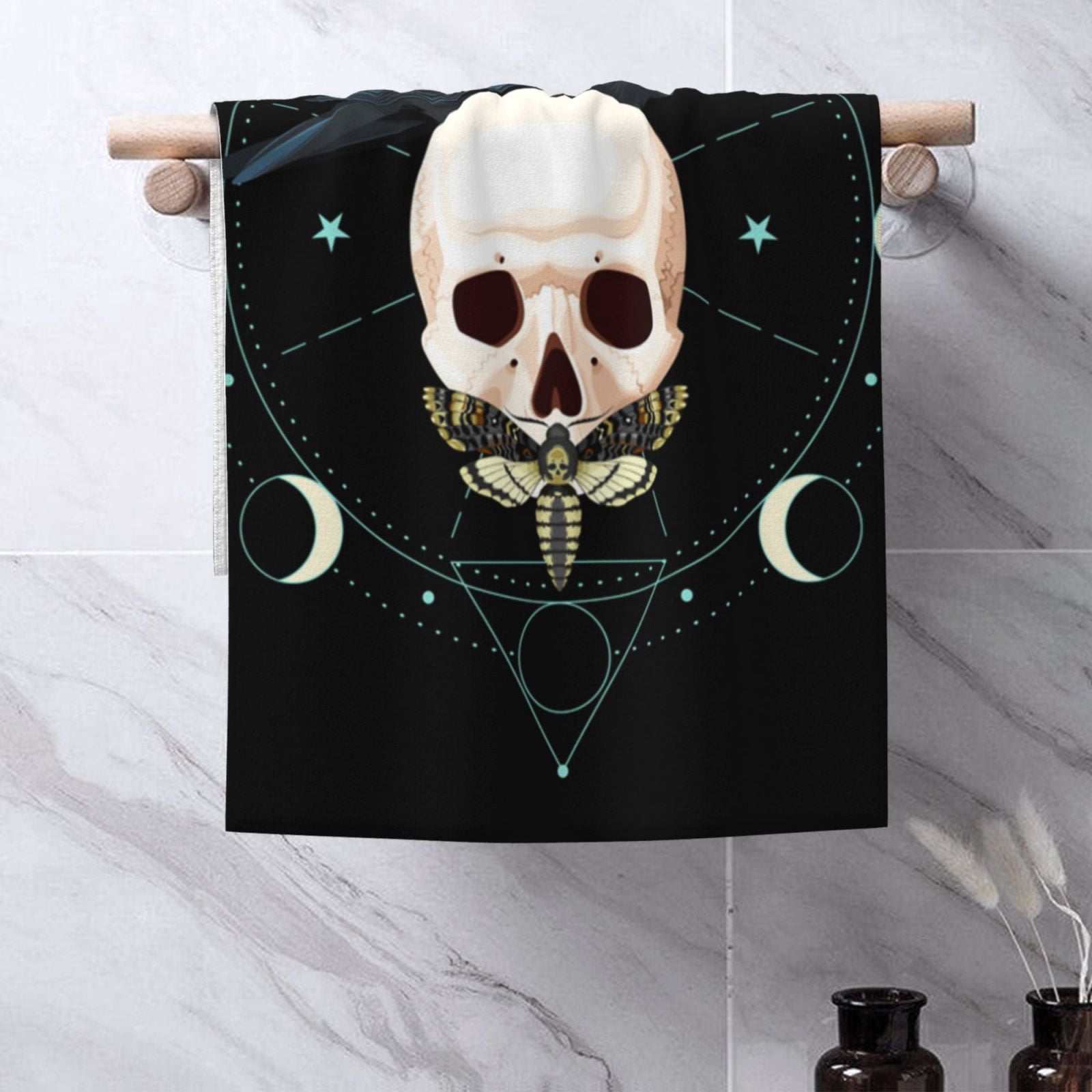 Black Raven Skull Moth Moon 27.5" x 16" Ultra Soft Hand Towel, Face Wash Cloth for Bathroom, Gym, Travel, Pool