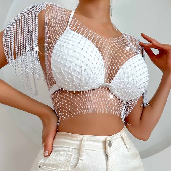 Xaqiouau Women's Mesh Rhinestone Fringe Sleeve Cover Up Party Club Wear Sparkly Beaded Netting Garment Long Sleeve Open Shoulder Blouse Layering Piece for Evening Dance Outfit Style