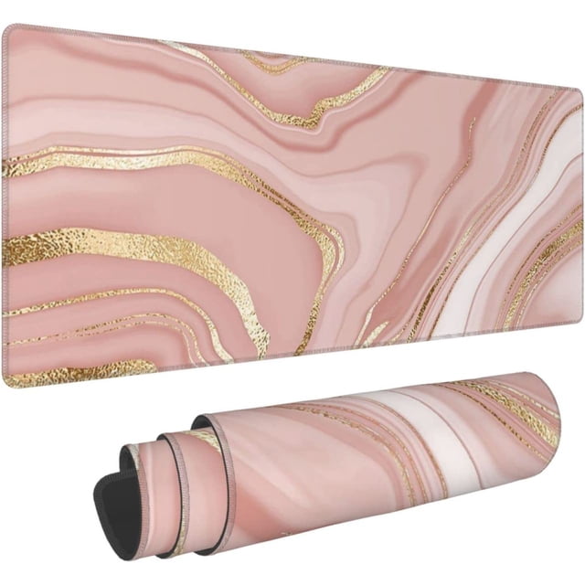 Pink Gold Marble Gaming Mouse Pad XL Extended Large Mousepad with Nonslip Rubber Base Stitched Edges Laptop Computer Keyboard Desk Mat for Office Home Gamer