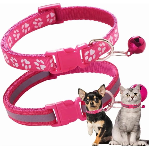 Puppy Collar with Bell, 2-Pack Reflective Strip Girl's Cat Collars with Bells, Nylon Small Dog Collars with Bells Adjustable for Puppy XXS XS Small Female Dogs Kitten