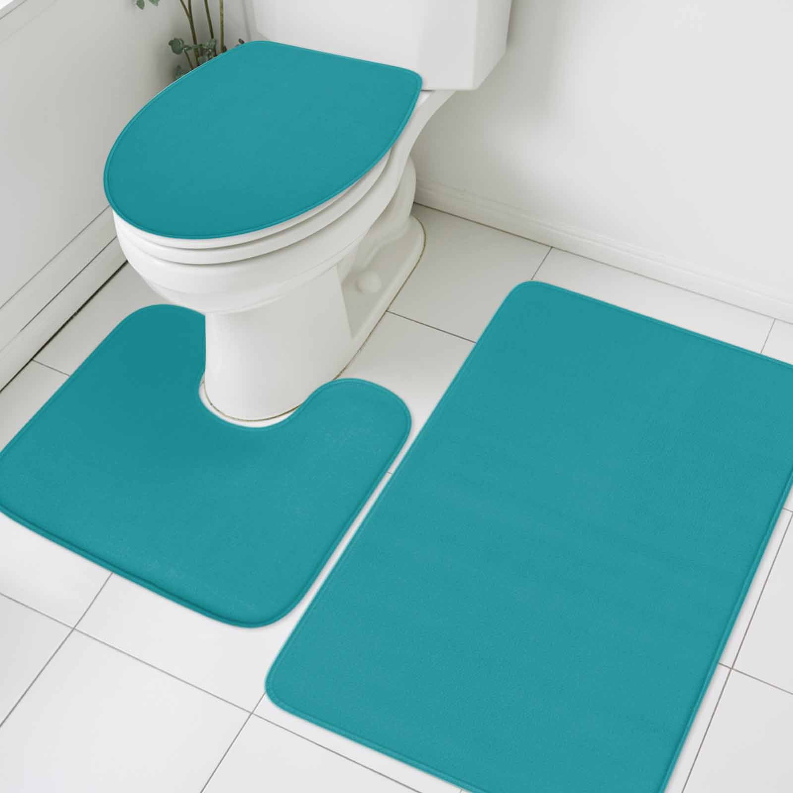 Teal Bath Mat 3 Piece Bathroom Rug Set, Turquoise Pure Teal Non Slip Bath Rug Contour Mat and Toilet Lid Cover, Absorbent Shower Mats Soft Bath Rugs and Mats Sets