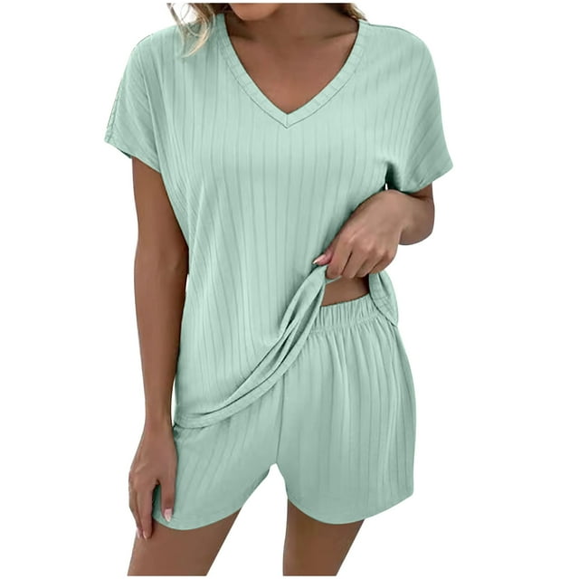 Birdeem Womens Summer Short Sleeve V-Neck Tops Shorts Comfortable Homewear Two-Piece Set