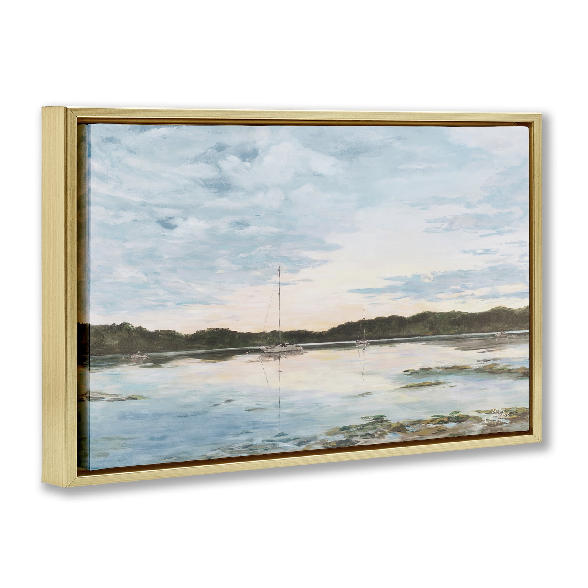 Stupell Industries Quiet Day on Lake Landscape Painting Gold Floater Framed Canvas Art Print Wall Art, 25 x 17