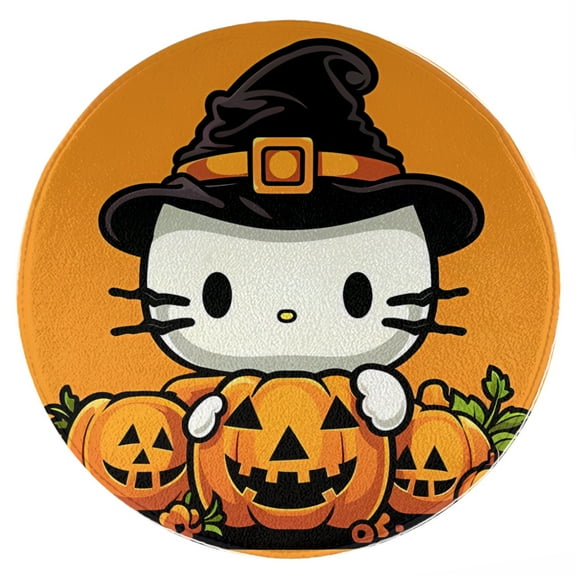 Hello Kitty Thanksgiving halloween Round Rug Washable Circle Rug Non Slip Round Doormat Anime Printed Flannel Round Entryway Rug Floor Carpet Round for Entrance, Entryway, Bedroom 23.6 Inch