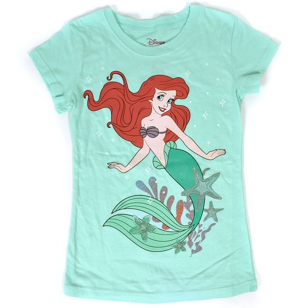 Disney The Little Mermaid Girls Mint Green T Shirt Disney Ariel Glitter Print Walmart Com Walmart Com