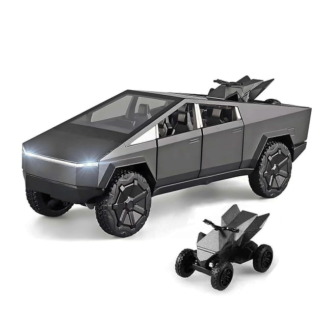 Cybertruck Toy Trucks with Motorcycle Diecast Metal Cyber Truck Model Pickup Truck 1/32 Toy Race Cars with Sound and Light Gift Age for 6 Year Up for