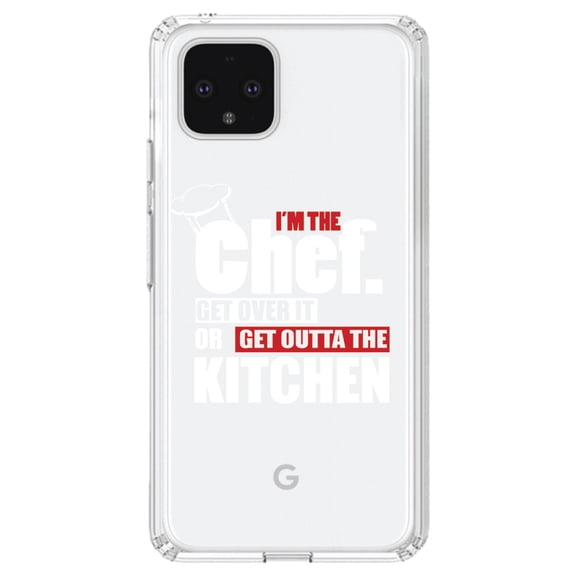 DistinctInk Clear Shockproof Hybrid Case for Google Pixel 4 (6.1" Screen) - TPU Bumper Acrylic Back Tempered Glass Screen Protector - I'm the Chef Get Over it