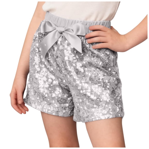 CYRBOKO Girls Sequins Shorts, Cotton Holiday Elastic Waist Performance Dancewear Shorts Silver Size 7-8 T