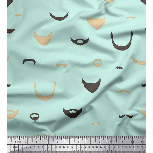 Soimoi Green polyester Crepe Fabric Mustache Face Print Fabric by The Yard 42 Inch Wide