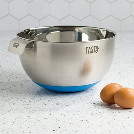Tasty Stainless Steel Mixing Bowl with Non-Slip Base and Measuring Marks, Blue, 5 Quarts