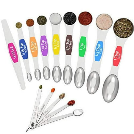 

Wildone 14 Piece Stainless Steel measuring spoons Set Including 8 Double Sided Magnetic 1 Leveler and 5 Mini for Dry and Liquid Ingredients Fits in Spice Jar