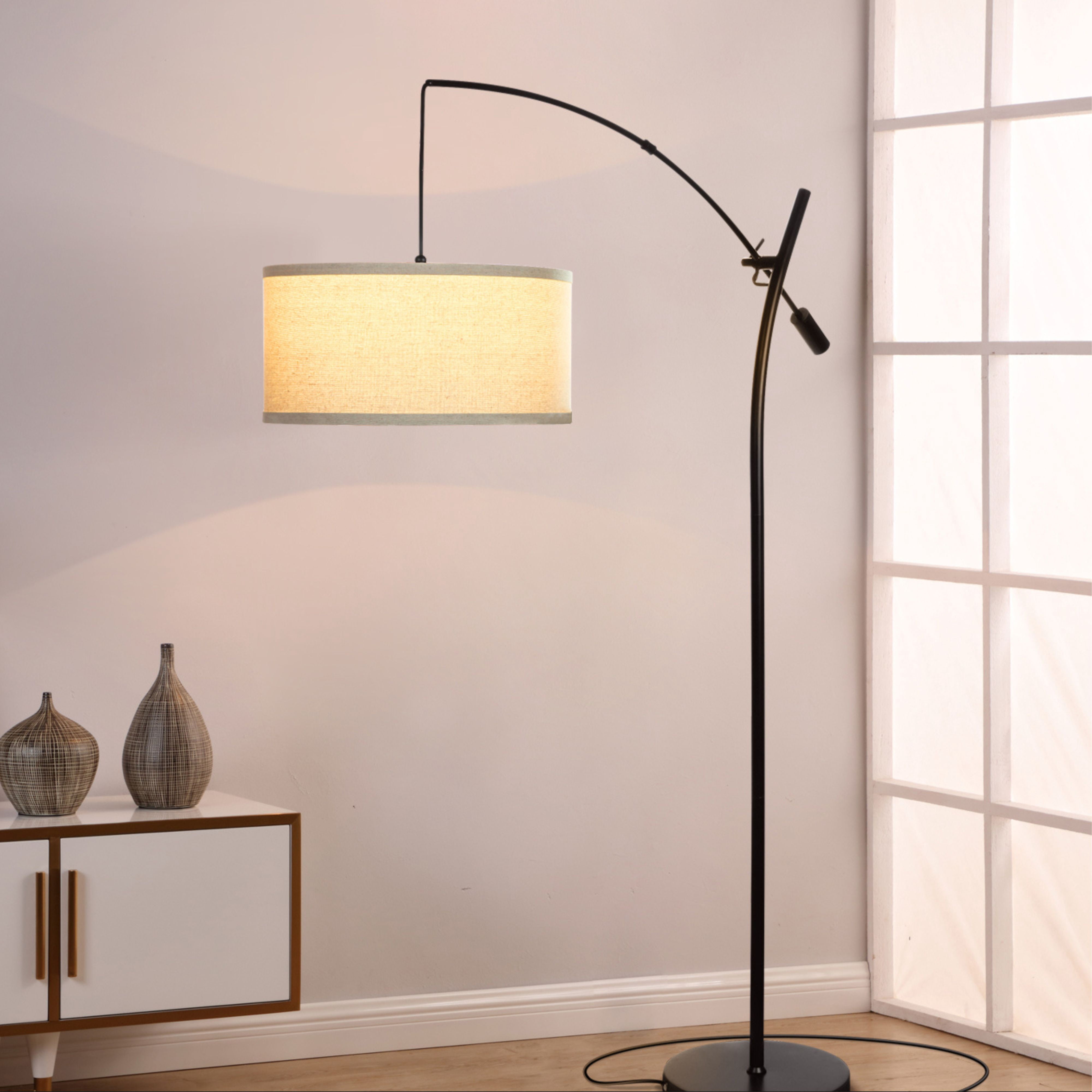 Brightech Grayson 84 in. Classic Black Mid-Century Modern 1-Light Height Adjustable LED Floor Lamp with Beige Fabric Drum Shade