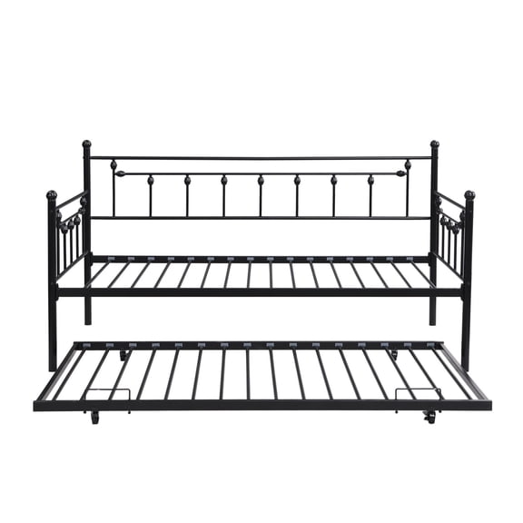 Daybed with Trundle, Black Metal Frame - Modern Platform Bed with Pull Out Sleeper for Bedroom