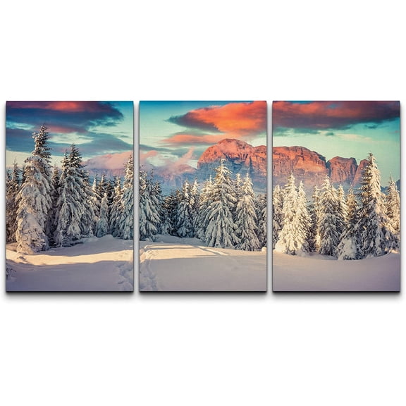 wall26 Canvas Print Wall Art Set Winter Snowy Mountain Forest Sunset Nature Wilderness Photography Realism Rustic Landscape Colorful Cool for Living Room, Bedroom, Office - 24"x36" x 3