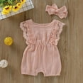 thumbnail image 4 of Baby Lace Little Flying Sleeve One-Piece Romper + Headscarf Female Baby Linen Back Button Lace Edge Romper  Two-Piece Set, 4 of 15