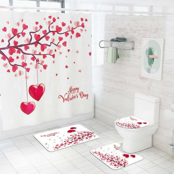 4Pcs Set Valentines Day Shower Curtain, Romantic Gnome Couple Red Heart Print Bathroom Curtains, Decorative Fabric Bath Curtain With Hooks Sets