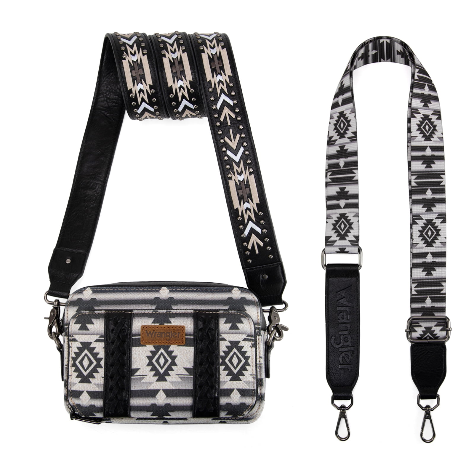 Wrangler Crossbody Bag for Women Boho Aztec Small Multi Pocket Crossover Purse, Black