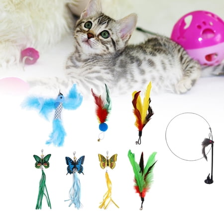 Cat Feather Toys, Interactive Cat Toy with Suction Cup Detachable 8 PCS Feather Replacements, for Indoor Cats Kitten Play Chase Exercise