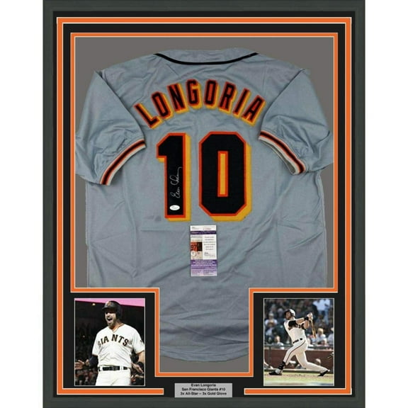 Framed Autographed/Signed Evan Longoria 35x39 San Francisco Grey Baseball Jersey JSA COA