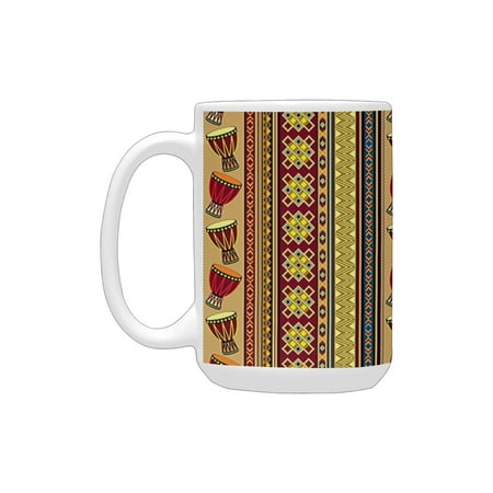 

Ethnic African Tribal Pattern with Abstract Folk Figures and Drum Icons Traditional Design Multicolo Ceramic Mug (15 OZ) (Made In USA)