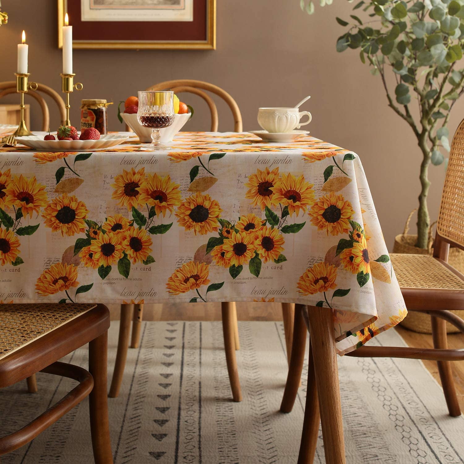 Rectangle Tablecloth Cactus and Yellow Flower Table Cloth Picnic Table Cover Vinyl Fabric Holiday Tablecloths for Kitchen Outdoor Camping Desk Cover Party Decor 54 x 54 Inch