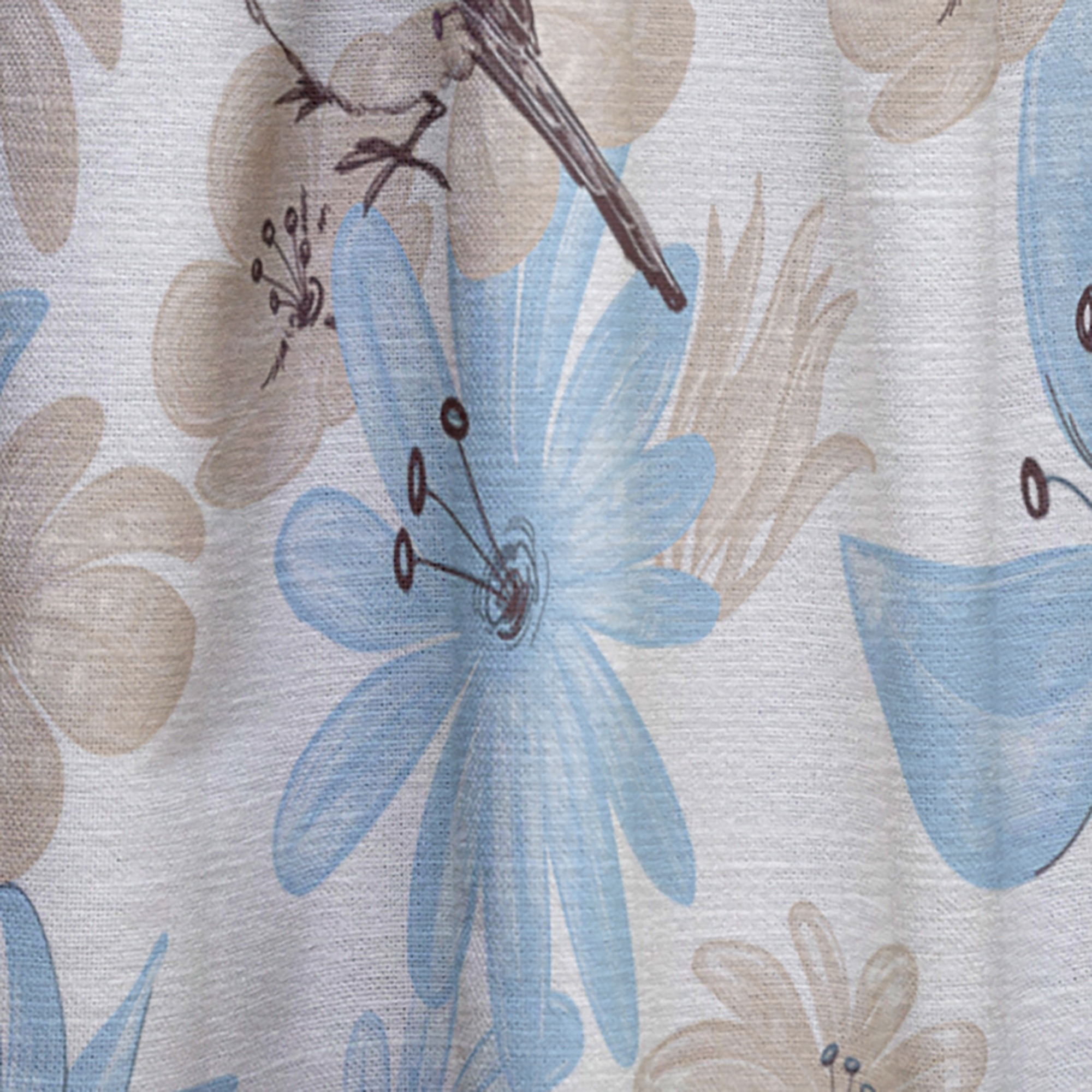 Designart 'Drawing Of Blue Flowers With Little Bird On White' Floral Curtain Panel