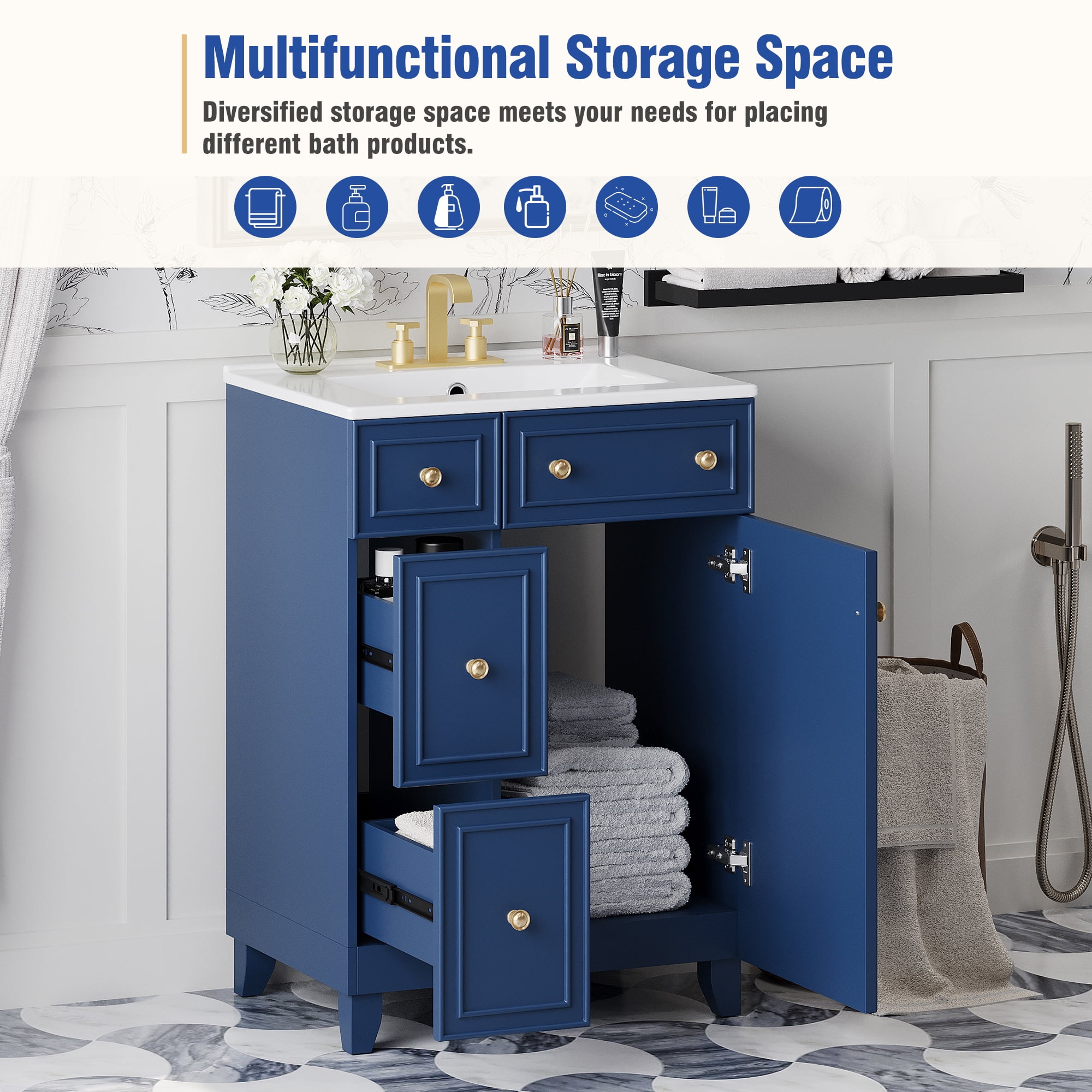 viswild 24" Bathroom Vanity Cabinet with Ceramic Sink, 2 Drawers & 1 Door, Space-Saving, Durable & Easy to Clean for Small Bathrooms, Blue