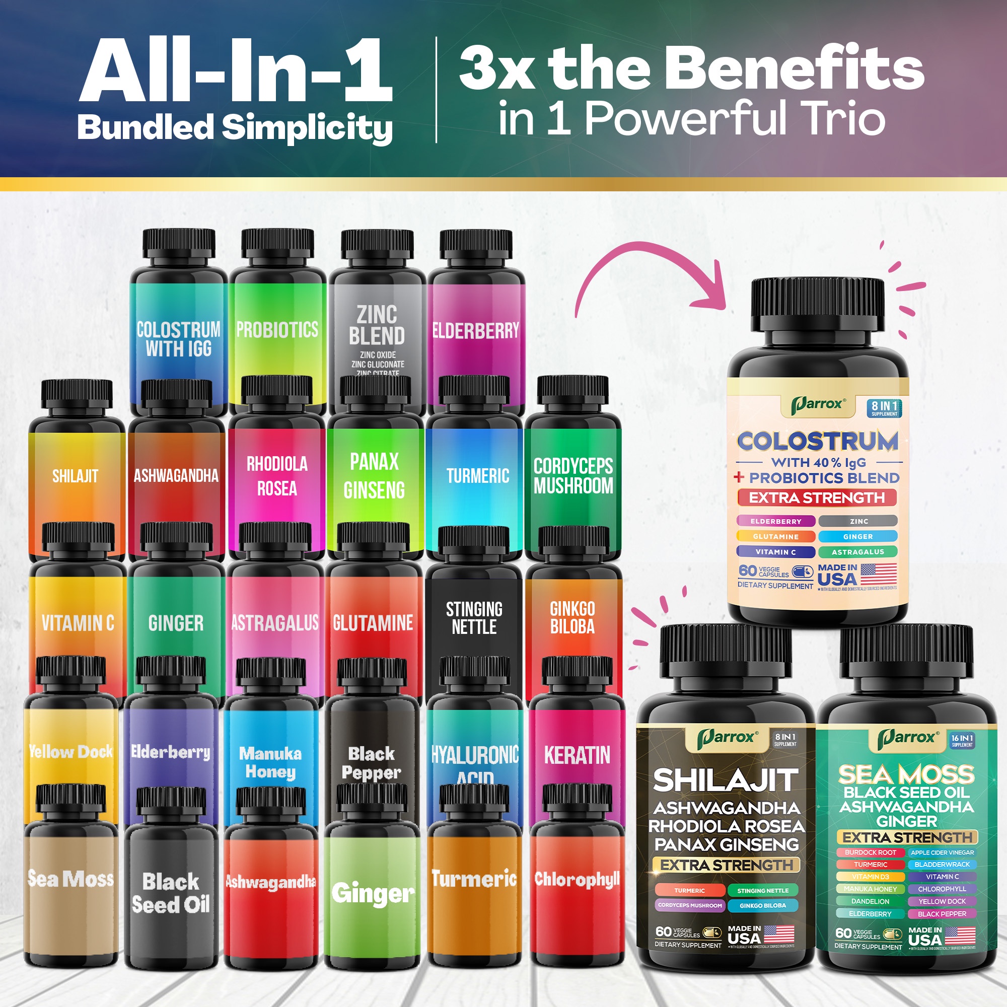 Parrox Complete Vitality Trio - Sea Moss, Black Seed Oil, Ashwagandha, Burdock Root, Colostrum, Probiotics, Elderberry, Vitamin C, Astragalus, Panax Ginseng, Ginkgo Biloba, Rhodiola Rosea, Turmeric