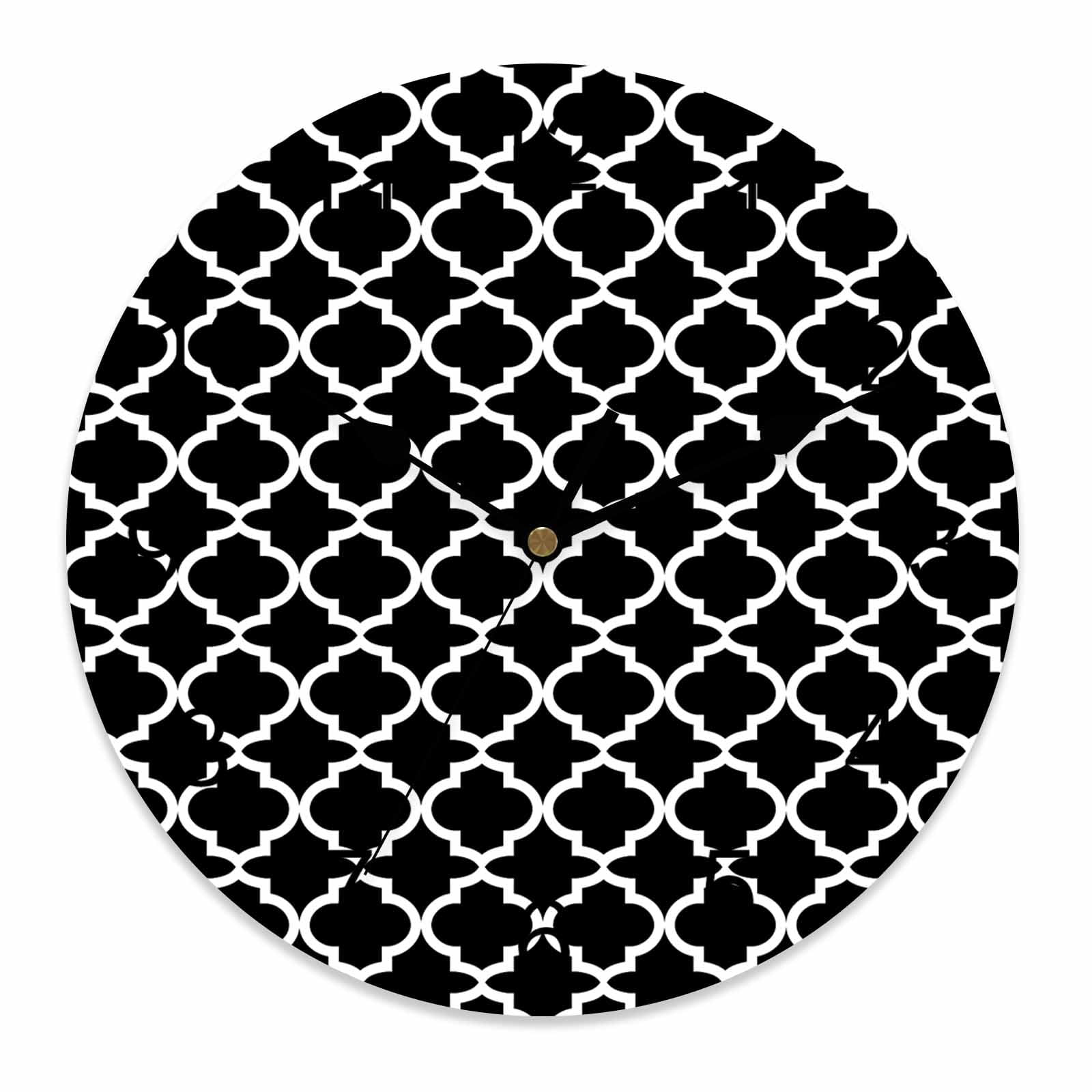 Wall Clock 12 Inch Black White Geometric Round Silent Decorative Wall Clocks Battery Operated for Living Room Bedroom Kitchen Classroom Decor, Minimalist Morocco Pattern,Large