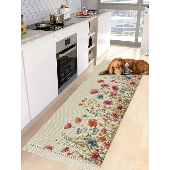 Pink Orange Teal Spring Floral Entryway Runner Rug 2x4ft,Watercolor Botanical Summer Flowers Washable Woven Living Room Hallway Bedroom Kitchen Carpet with Tassels,Indoor Outdoor Mat for Entryway