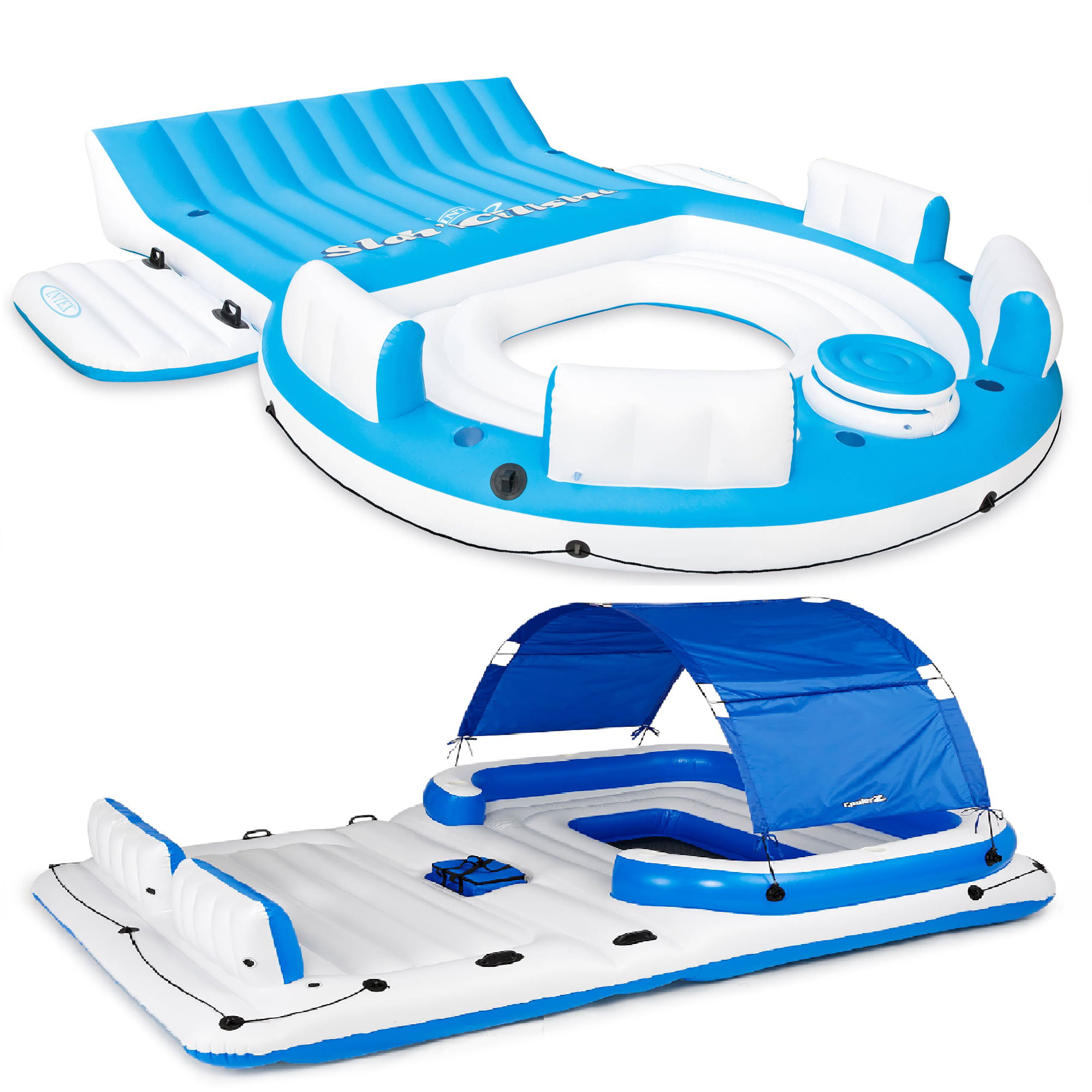 6 Person Inflatable Floating Island Pool Lake Party Canopy Raft Lounge w Cooler 
