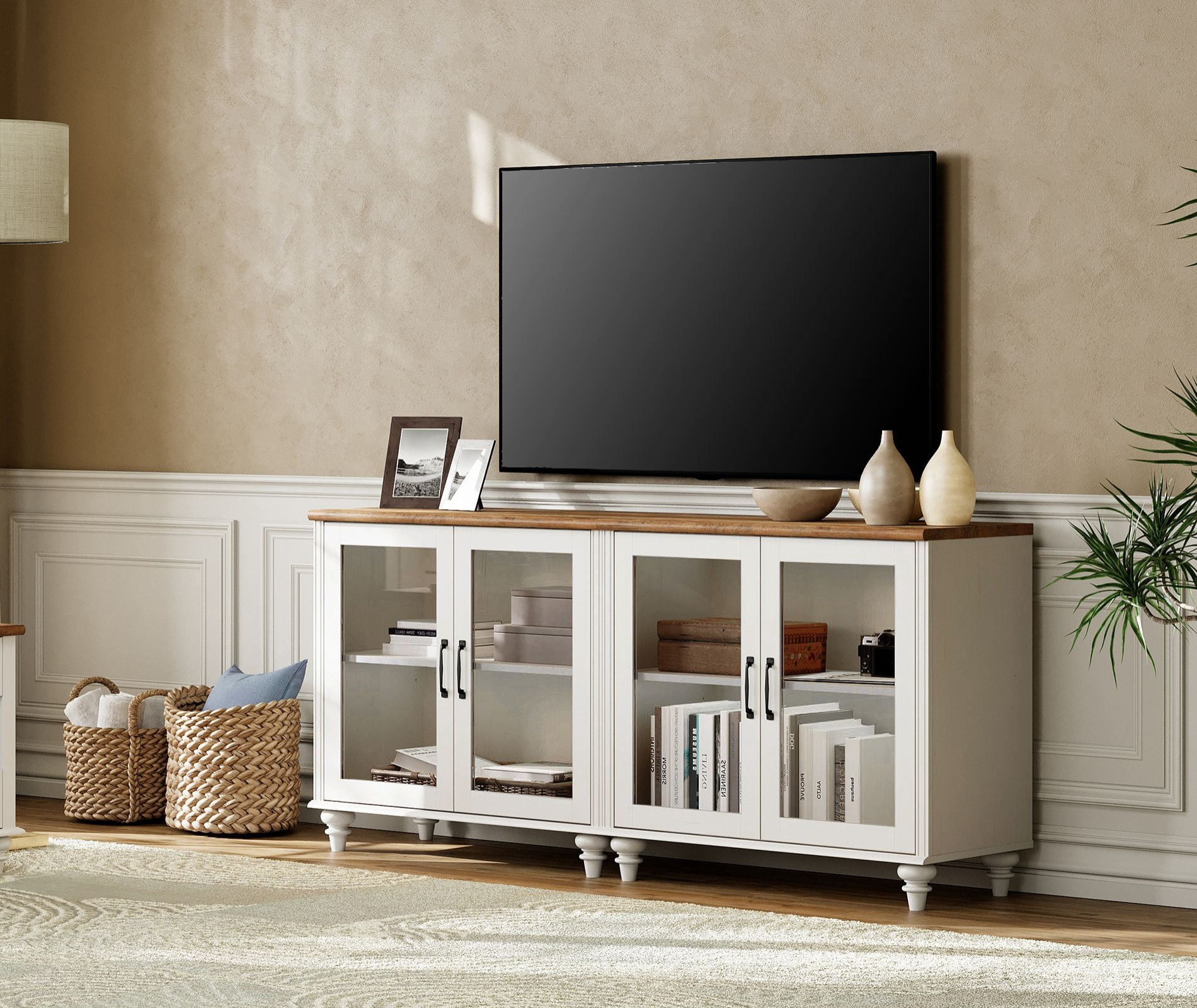 Mid Century Modern TV Stand for 75 Inch TV, TV Console with 4 Glass Doors, Wooden Entertainment Center Storage Cabinet for Living Room, Dining Room & Bedroom, Off White