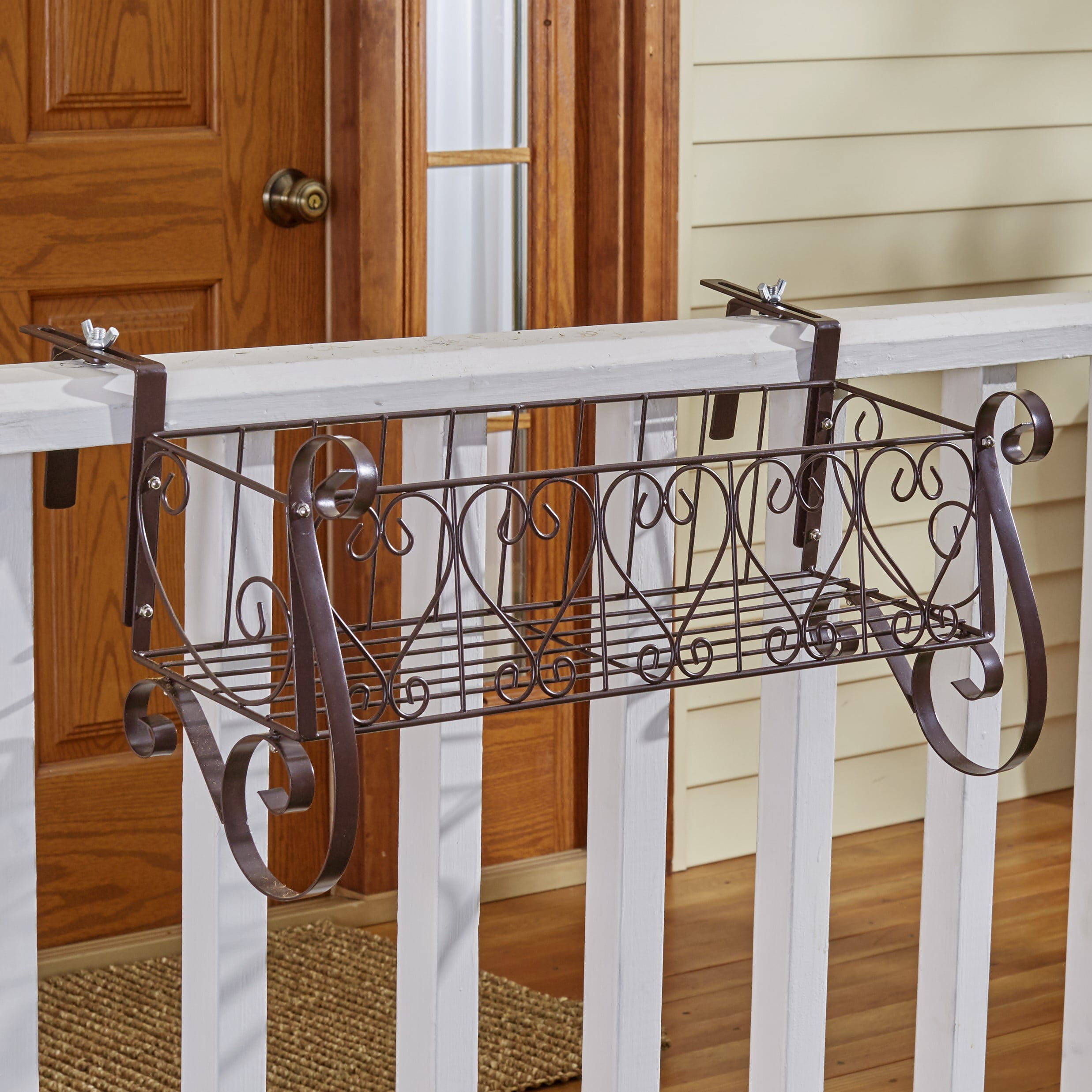 Decorative Iron Scrollwork Porch Rail Planter for Flowers, Herbs - Large