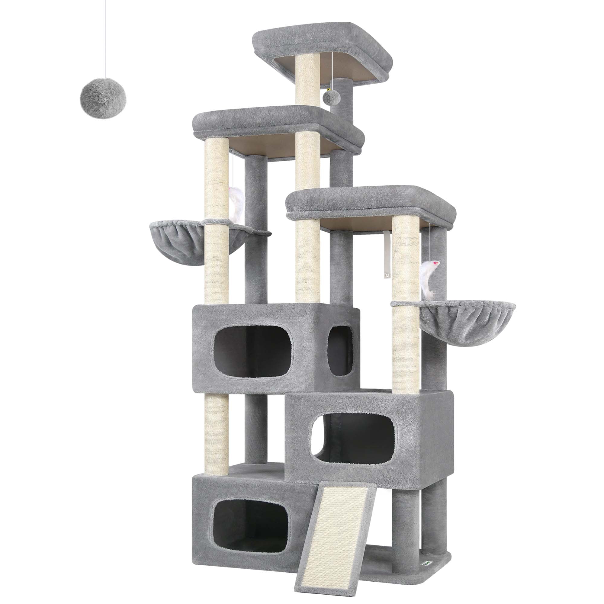Globlazer Big Cat Tree Tower，85in Multi-Level Tall Cat Tree Tower Indoor for Multiple Adult Cats with Scratching Post, 3 Perches, 3 Condos, 2 Hanging Basket, S85,Light Gray