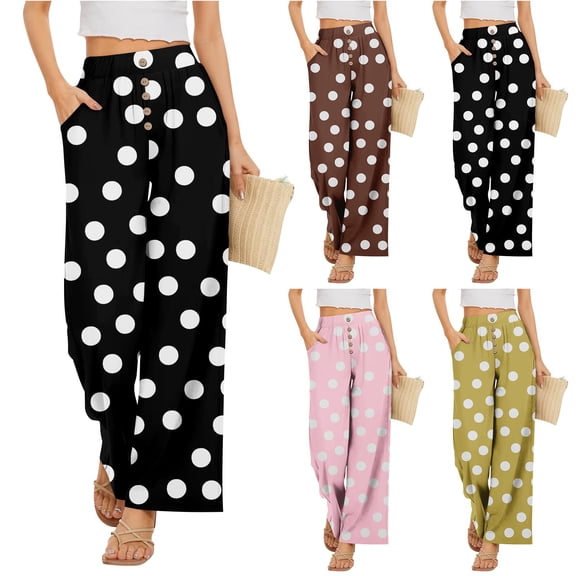 Delayuji Women's Wide Leg Pants Dot Printed Palazzo Pants High Waisted Casual Loose Straight Leg Pants with Pockets Womens Trousers