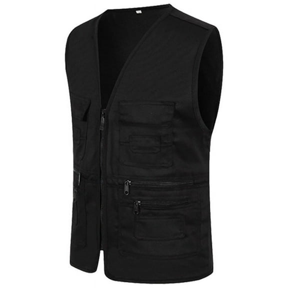 ZHaobin 2024 Men's Multi-pocket Vest Casual Fishing Vest Men's Solid Color Overalls Sleeveless Zipper Director Vest (Black,XXXL)